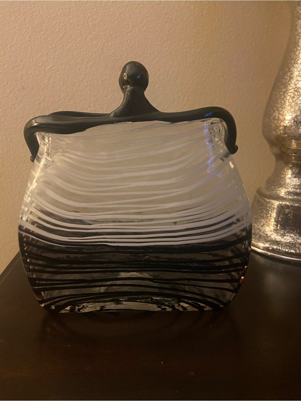 Handblown Striped Glass Vase in Black and White